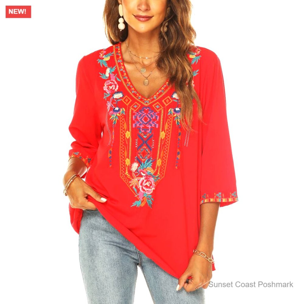 Embroidered Boho Tunic Blouse with 3/4 Sleeves Red Flowy Rayon Summer Resort